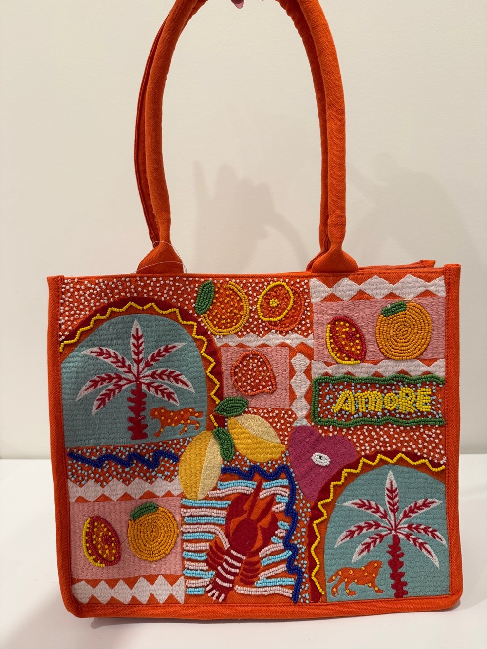Embroidered Orange Tropical Tote Bag with Fruit Motifs